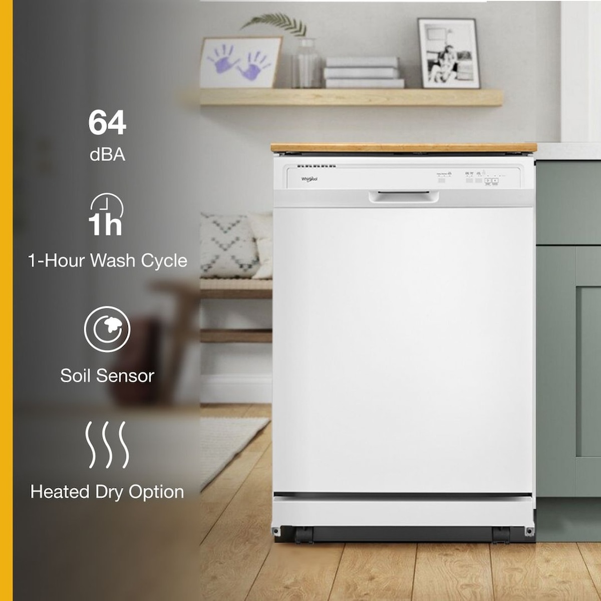 Whirlpool WDP370PAHW portable dishwasher on casters with key feature callouts: 64 dBA noise level, 1-Hour Wash Cycle, Soil Sensor, and Heated Dry Option
