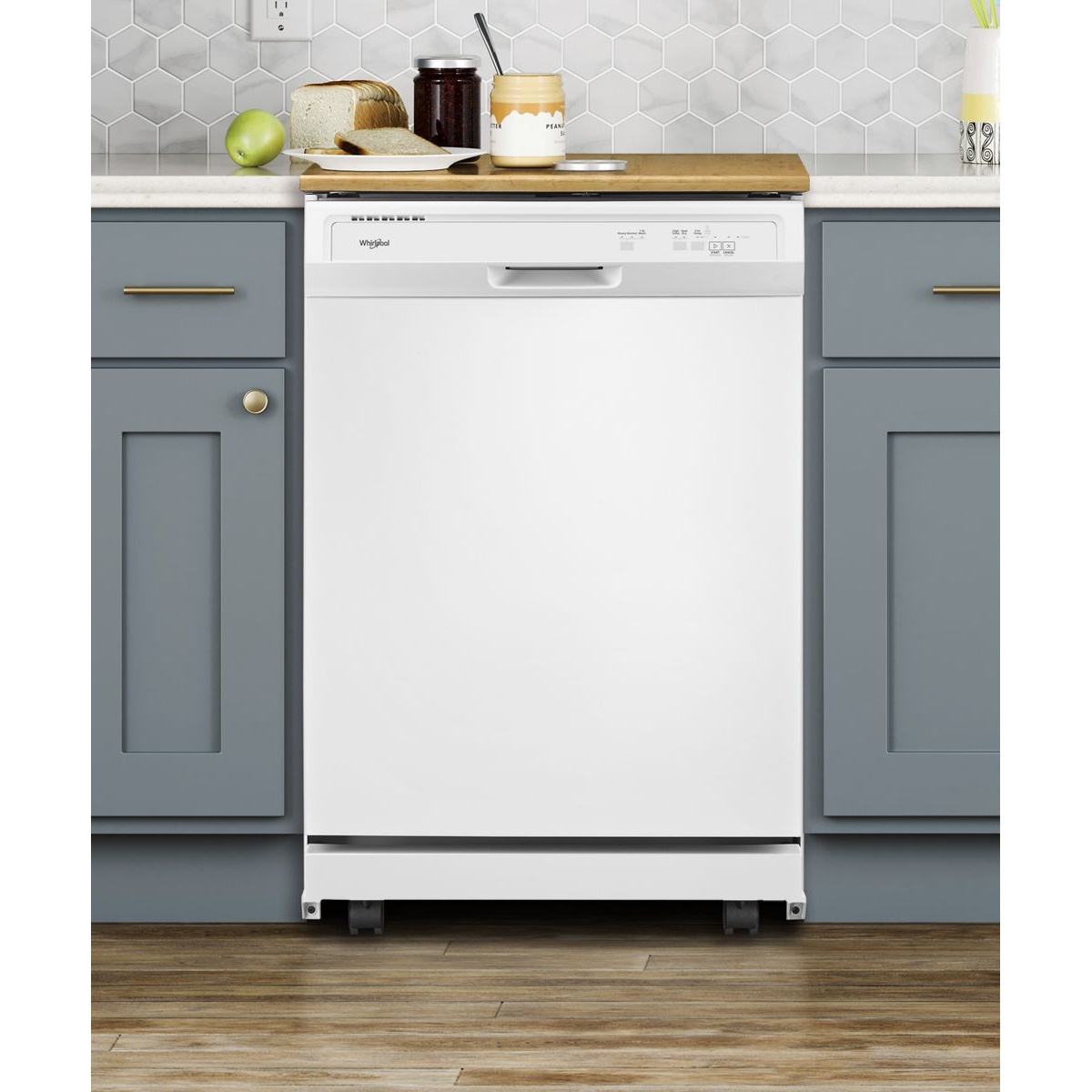 Whirlpool WDP370PAHW portable white dishwasher shown in a modern kitchen between blue-grey cabinetry with wood floors