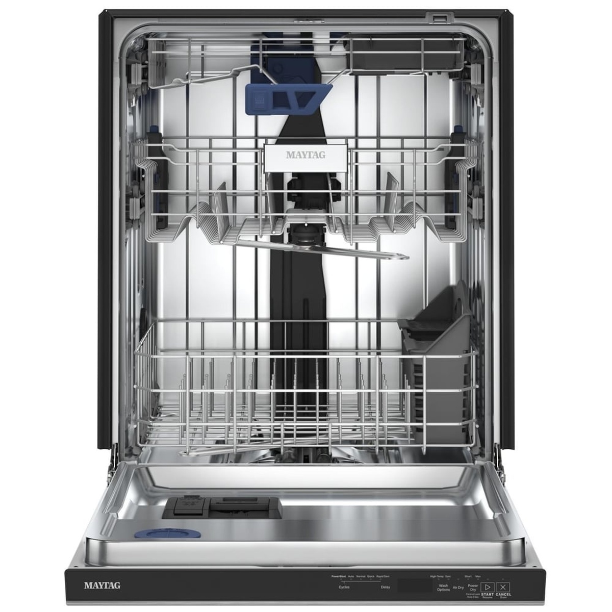 Open Maytag dishwasher showing stainless steel tub with three rack system, including a third level rack
