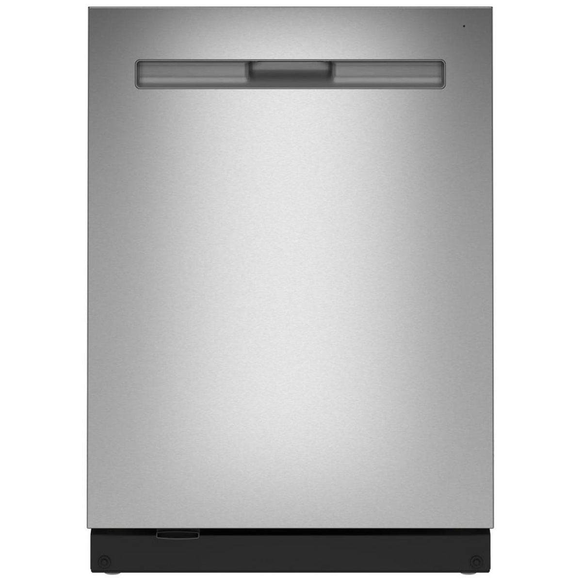 Front view of Maytag built-in dishwasher in fingerprint resistant stainless steel with pocket handle