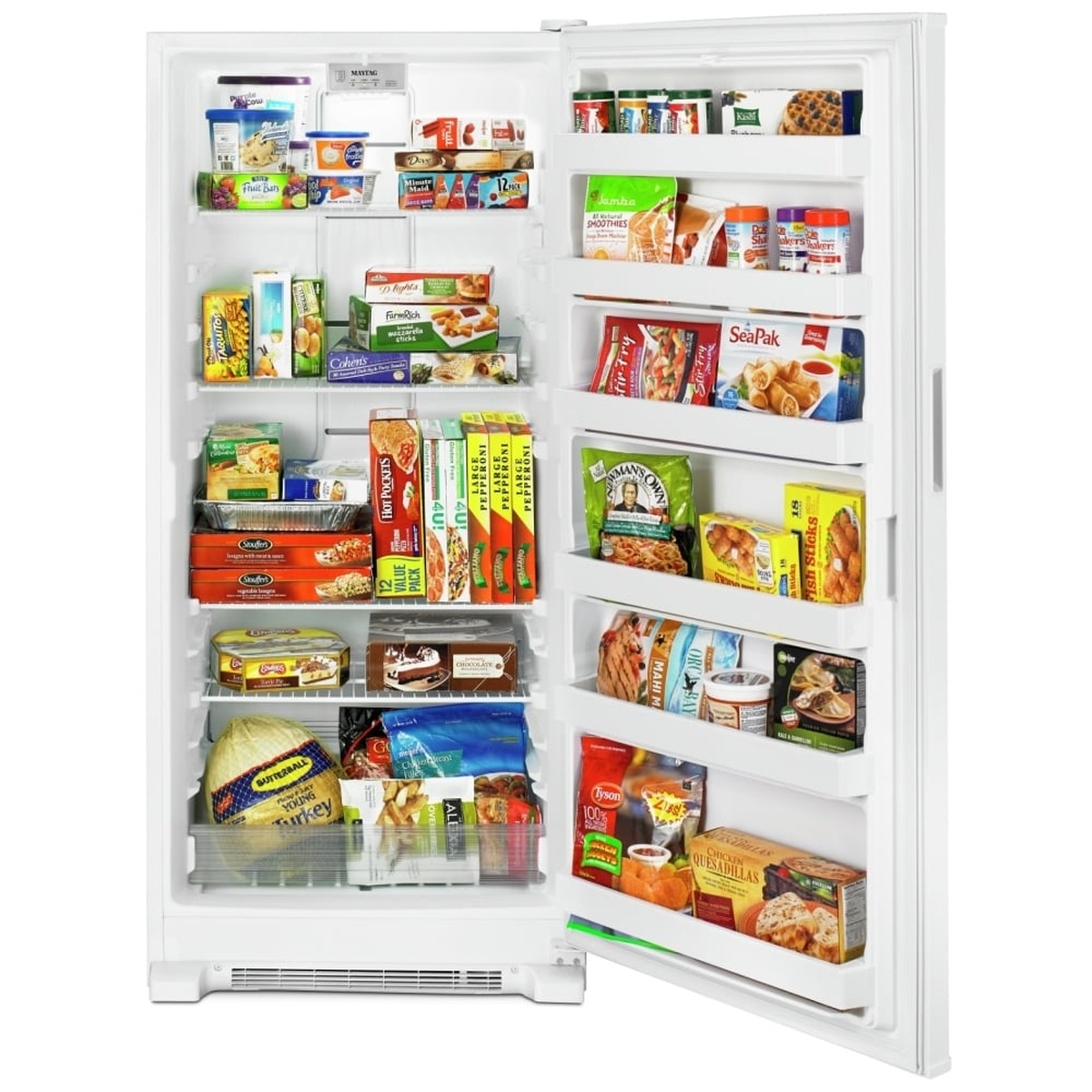 Open Maytag upright freezer showing full-width wire shelves and multiple full-width door bins filled with frozen foods