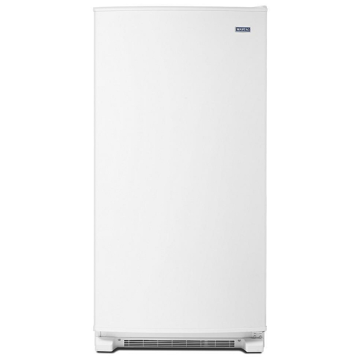 Front view of a white Maytag upright freezer with a clean, smooth door and pocket handle