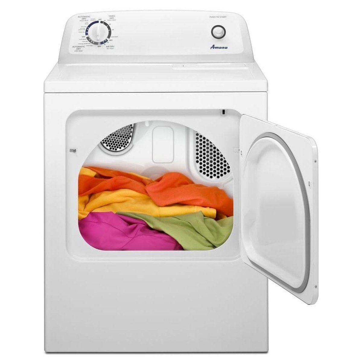 Amana NGD4655EW gas dryer with door open showing a full load of colorful laundry inside the spacious 6.5 cu. ft. drum.
