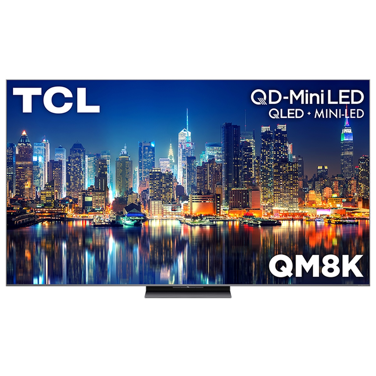 Front view of TCL QM8K TV with on-screen text reading QD-Mini LED and QM8K