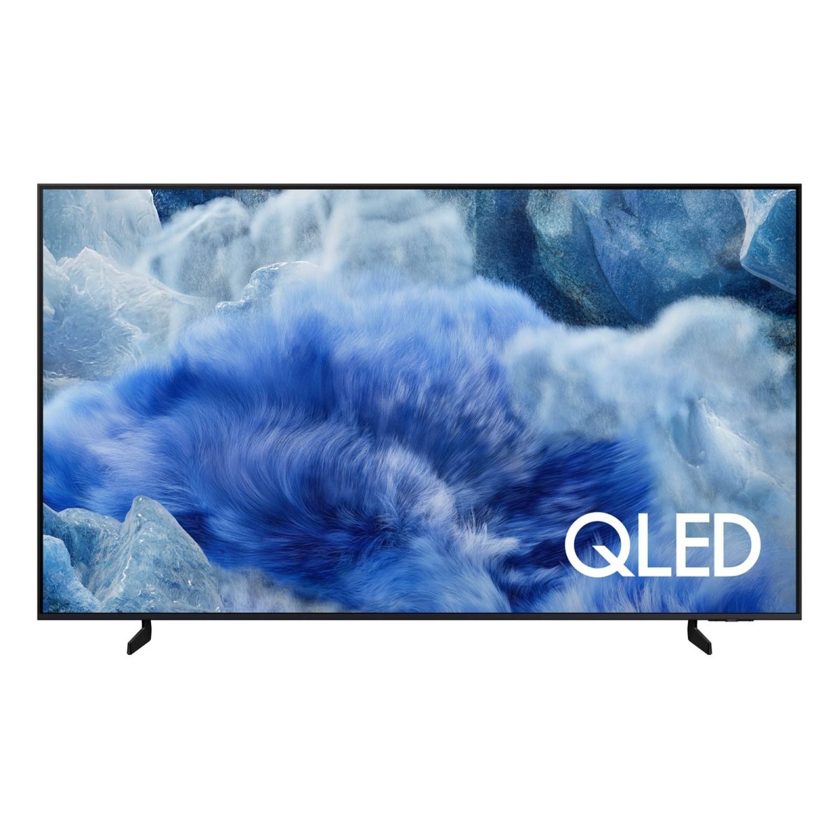 Samsung QLED TV shown from the front with thin bezels and feet stand