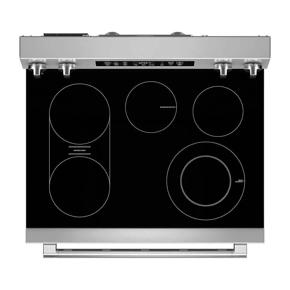 Top view of the Maytag electric range showing the smooth glass cooktop with five cooking zones and control panel