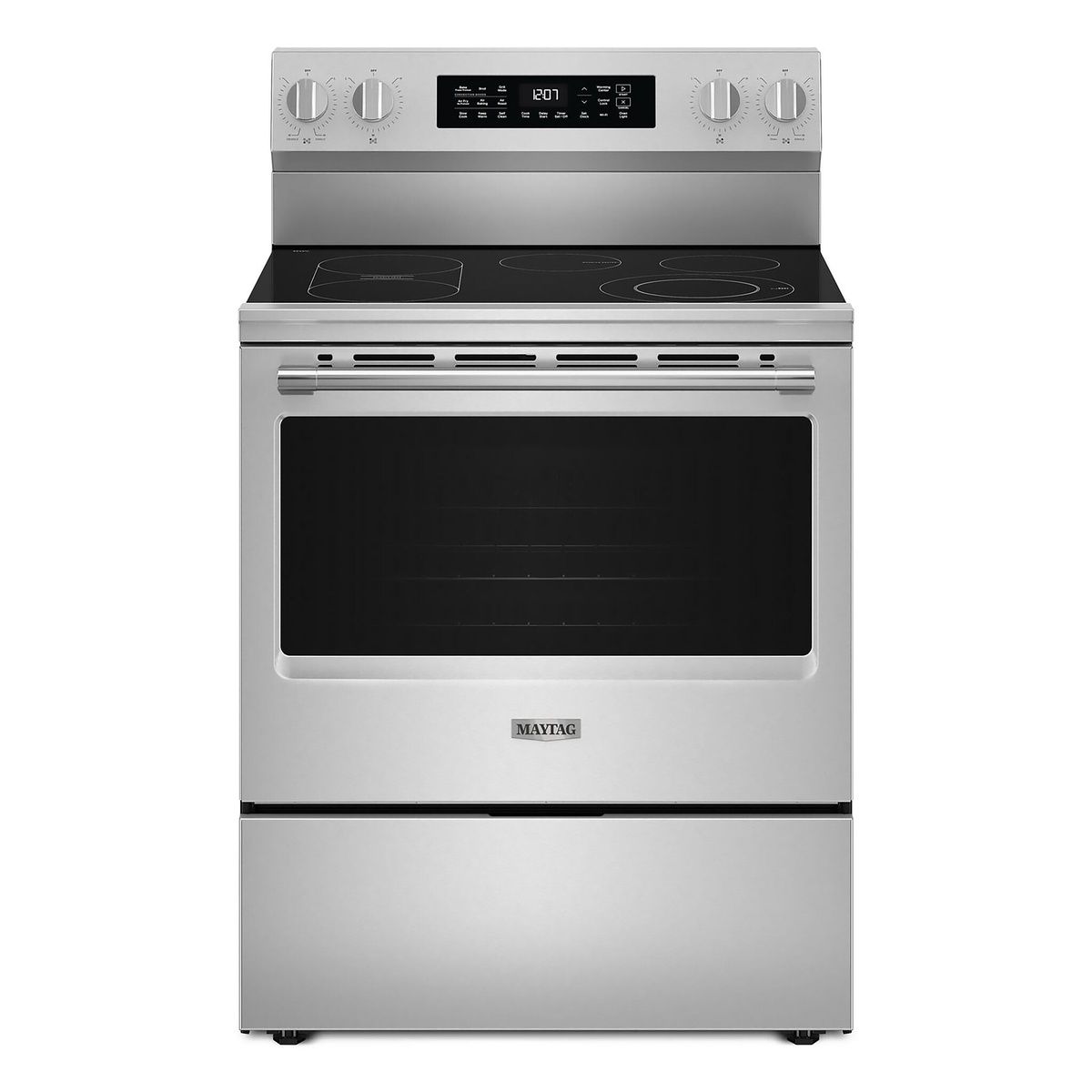 Front view of the Maytag freestanding electric range in stainless steel with front knobs and a large oven window