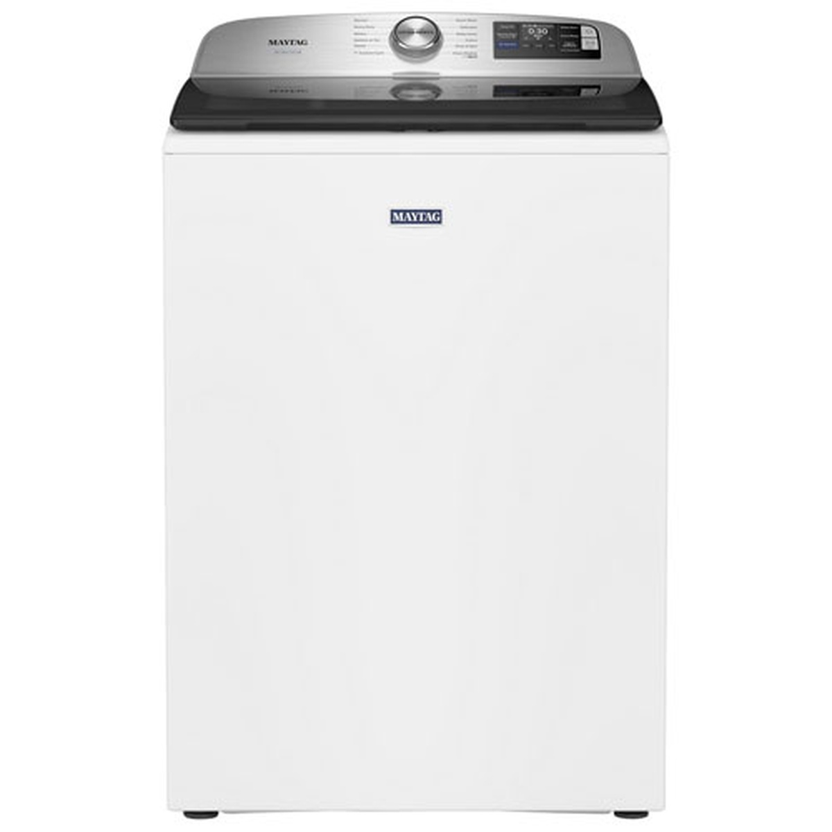 Front view of the white Maytag top-load washer showing the Maytag badge and the control panel above the lid
