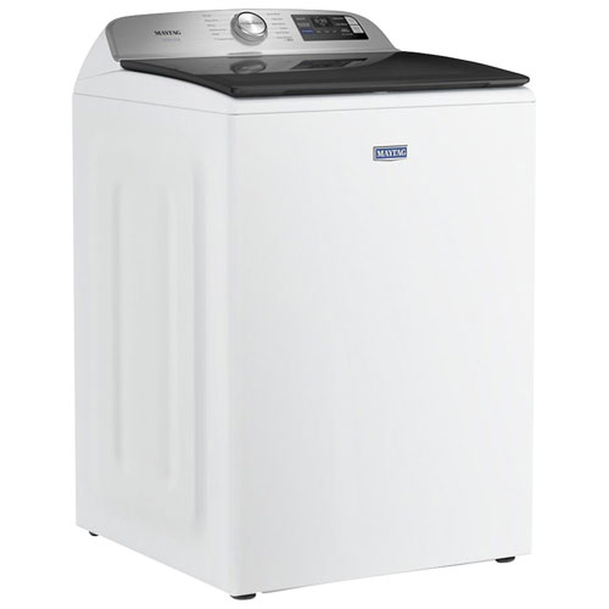 Angled front view of the white Maytag top-load washer with a dark lid and rear control panel with dial and digital display