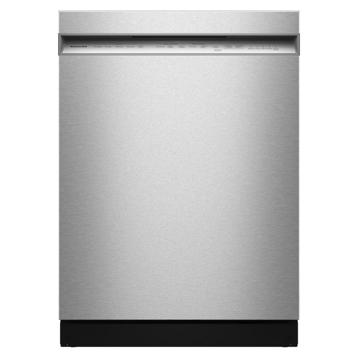 Front view of KitchenAid dishwasher in PrintShield stainless steel with hidden top controls and pocket handle