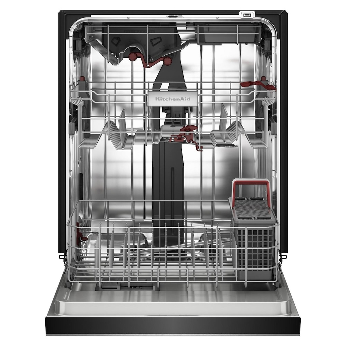 Open KitchenAid dishwasher showing stainless interior with upper and lower racks and a third rack at the top