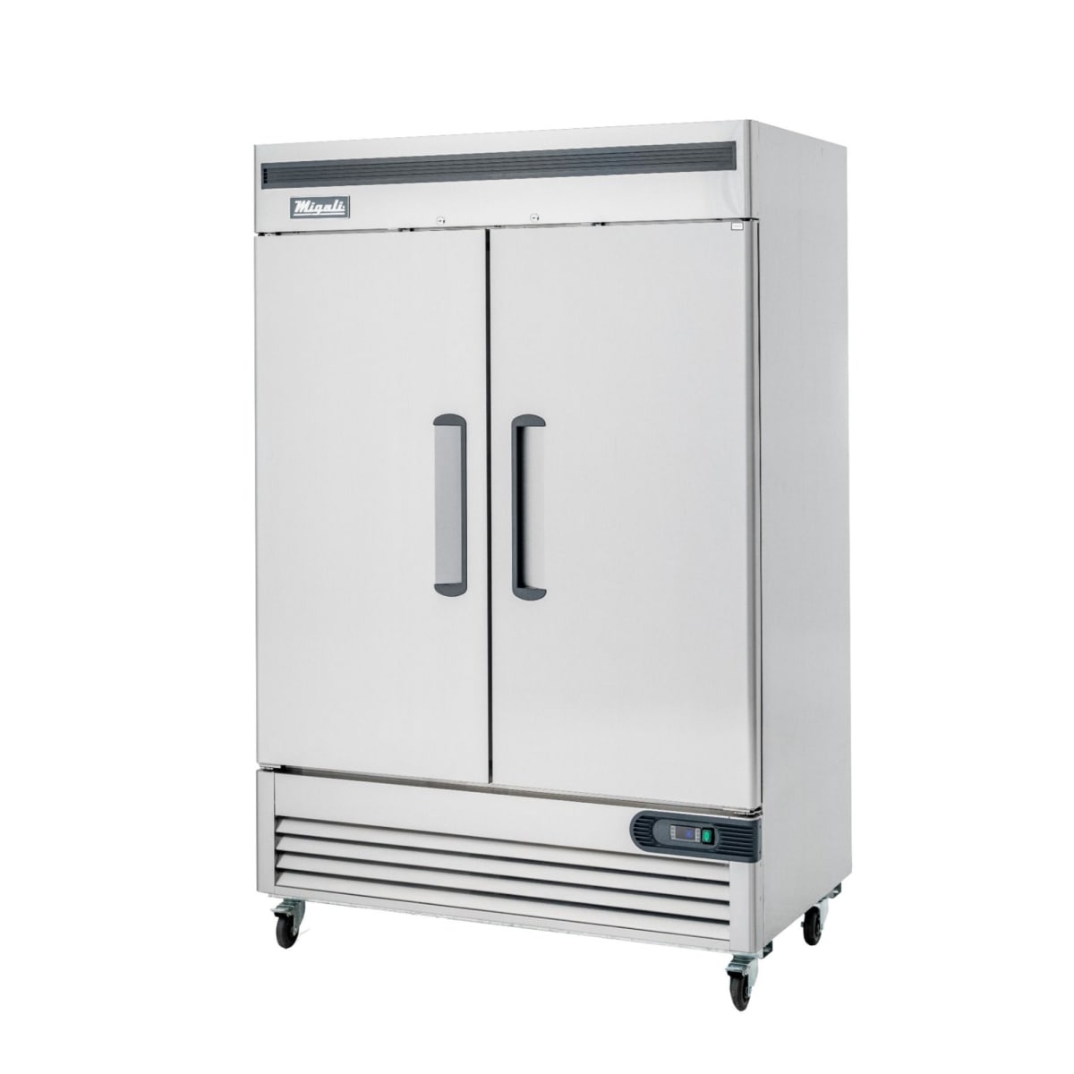 Migali C-2FB-HC two-section stainless steel reach-in freezer with two solid doors, bottom-mounted compressor housing, digital control panel, and pre-installed casters on a white background