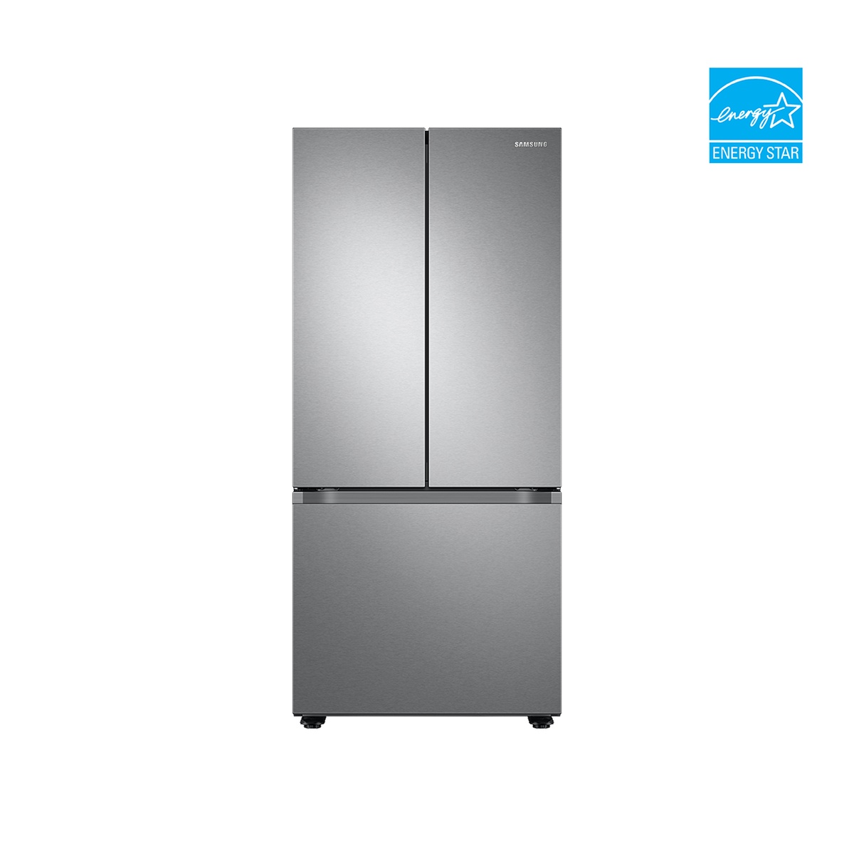 Front view of silver Samsung French door refrigerator with bottom freezer; Energy Star logo shown
