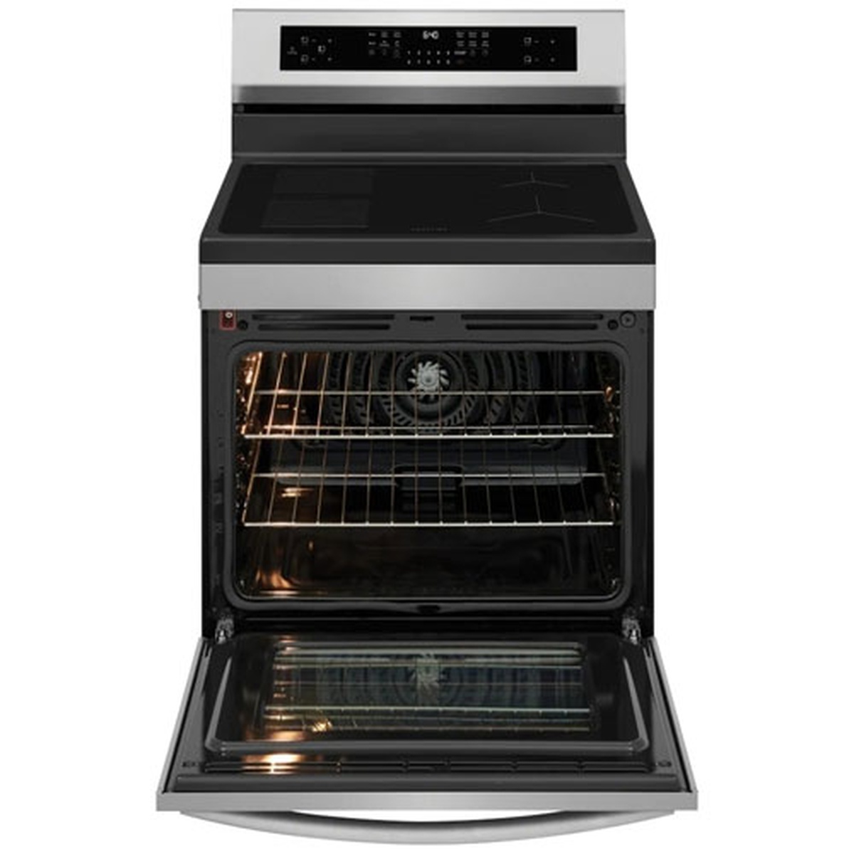 Oven door open showing the interior with two racks and a convection fan at the back