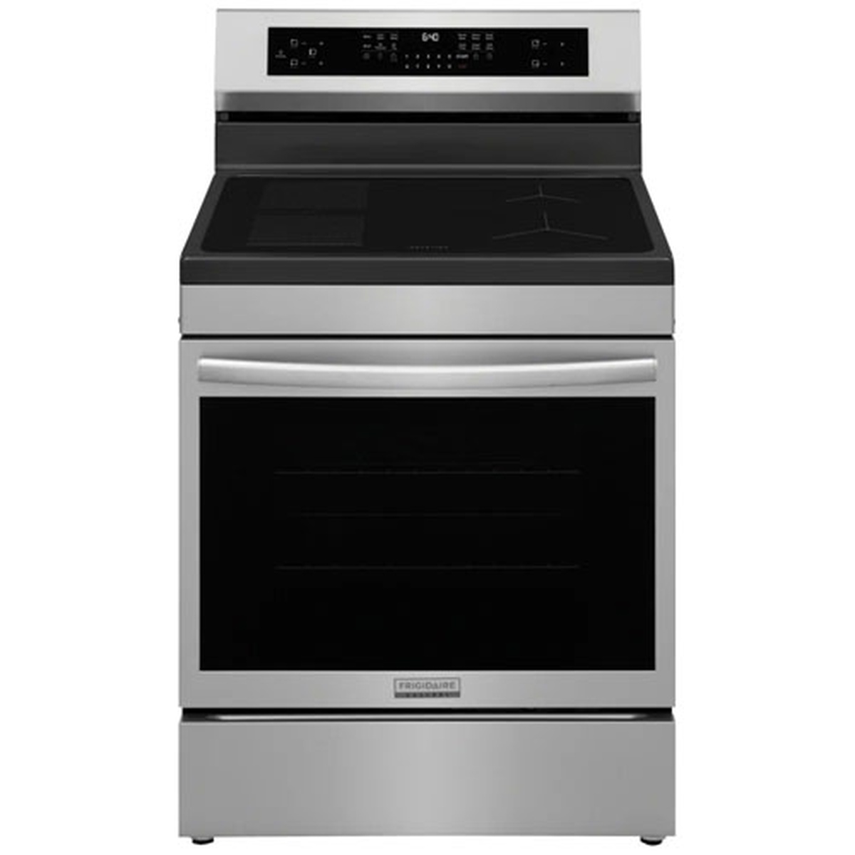 Front view of a Frigidaire Gallery stainless steel freestanding range with a smooth black glass cooktop and digital control panel