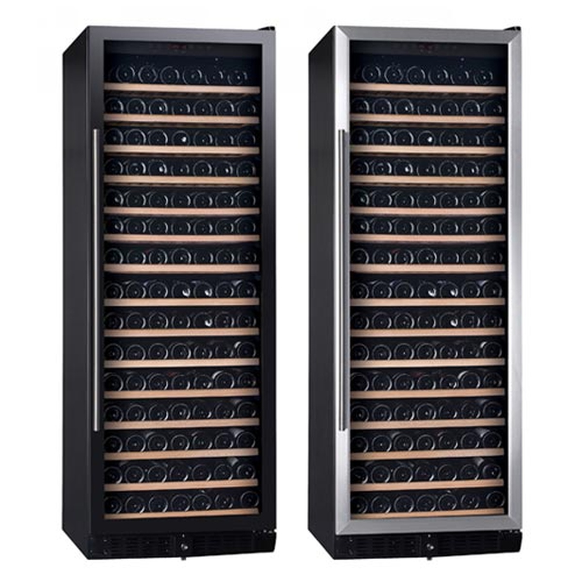 Two Vinopro BU-490 tall wine cabinets with smoked glass doors, stainless handles, and multiple wooden shelves holding wine bottles