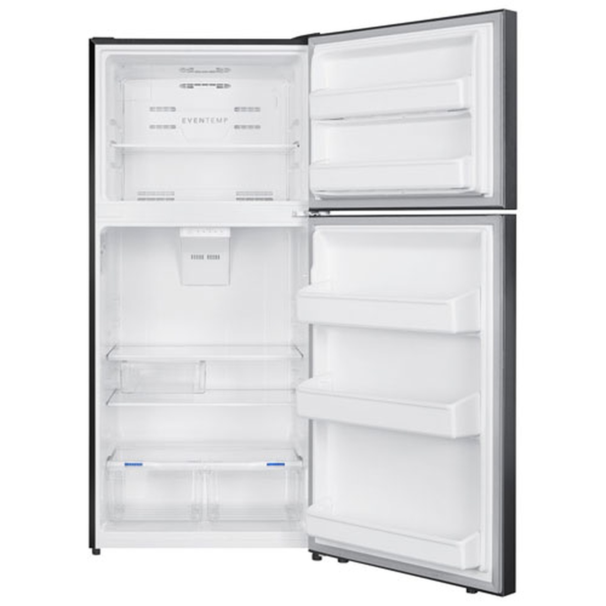 Open Frigidaire top-freezer refrigerator showing interior shelves, door bins, and crisper drawers