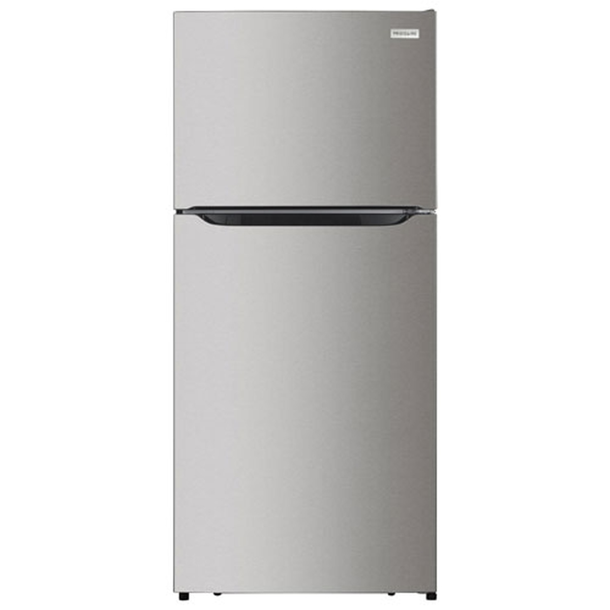 Front view of Frigidaire stainless steel top-freezer refrigerator with integrated handle design
