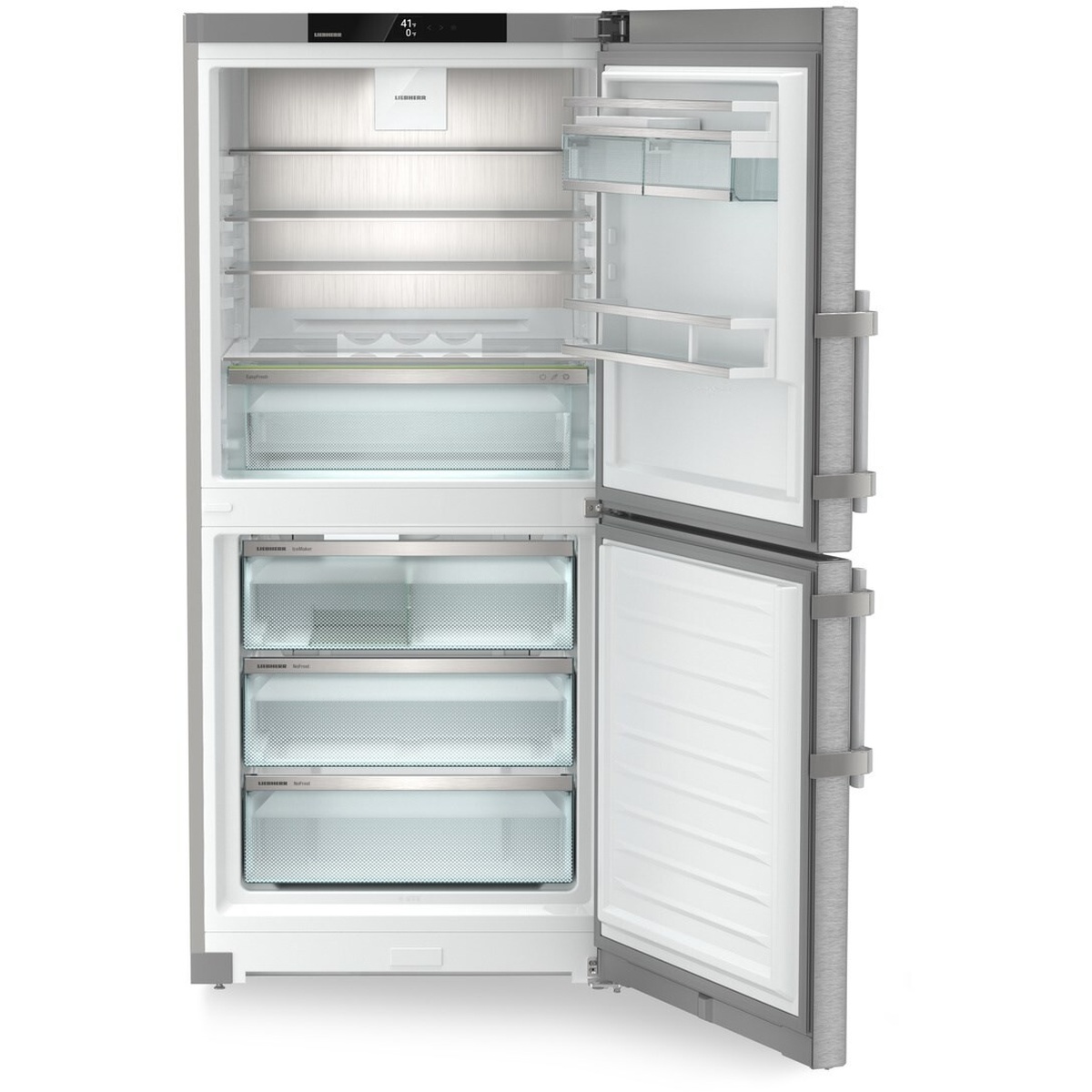 Liebherr C7540IM open front view showing interior glass shelves, EasyFresh drawer, three labeled freezer drawers including IceMaker top drawer, door racks, and touch display at top