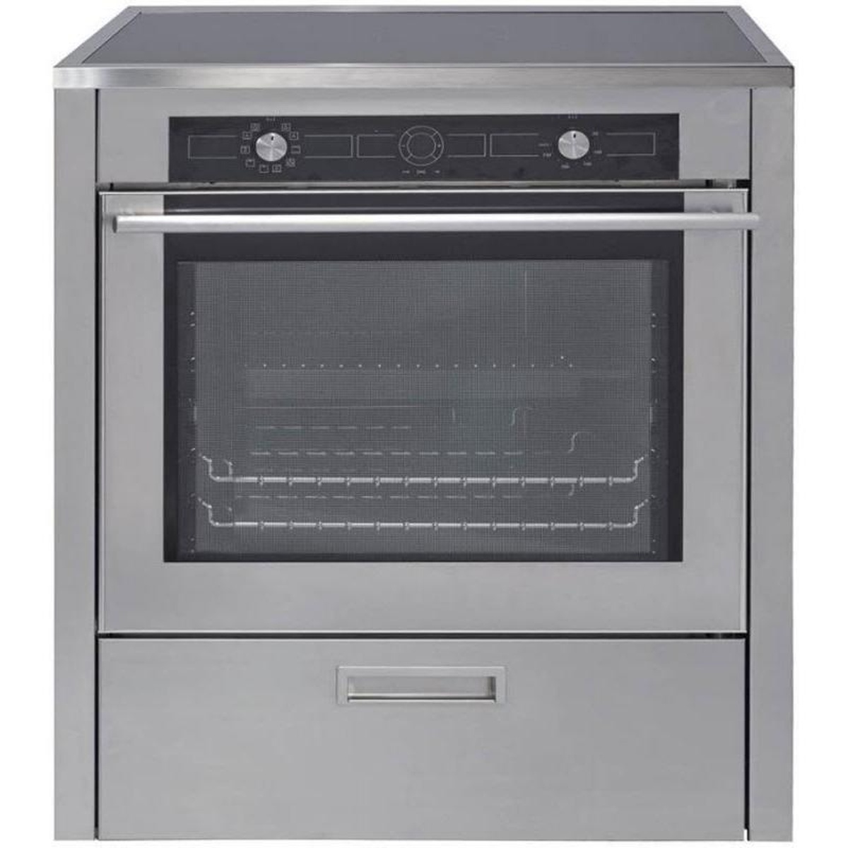 Front view of a stainless steel Porter & Charles 30-inch range with front control panel, large oven window, and a bottom drawer
