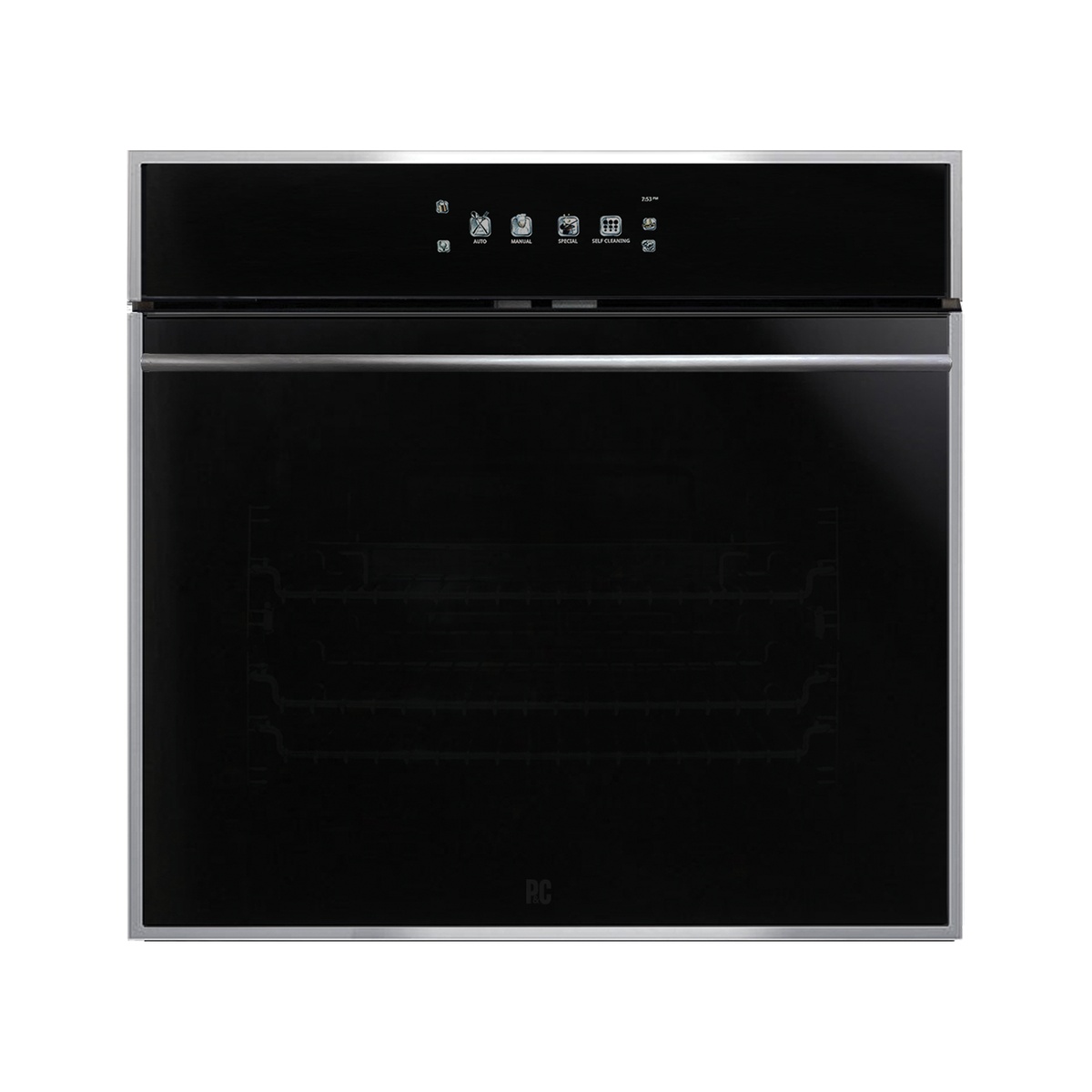 Porter and Charles SOPS76PS 30-inch built-in electric oven front view showing black glass door with stainless steel trim and full-colour LCD touch control panel displaying AUTO, MANUAL, SPECIAL, and SELF CLEANING mode icons