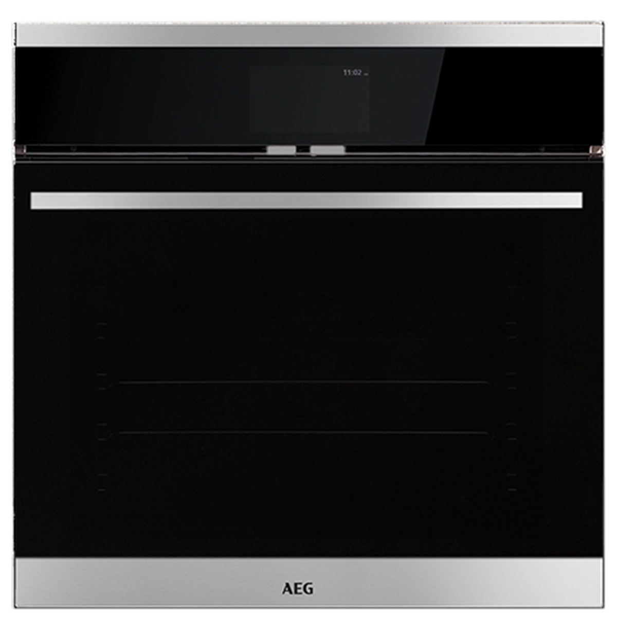 Front view of the AEG B3007PS 30-inch electric wall oven showing a black glass door, stainless steel handle bar, and digital display panel at the top.
