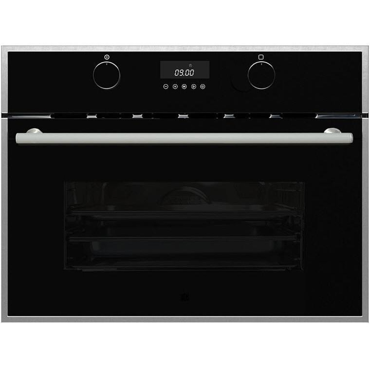 Front view of the Porter & Charles SPPS60TM-1 speed oven showing black glass door, stainless steel frame, central digital clock display, two control dials, and touch-button controls