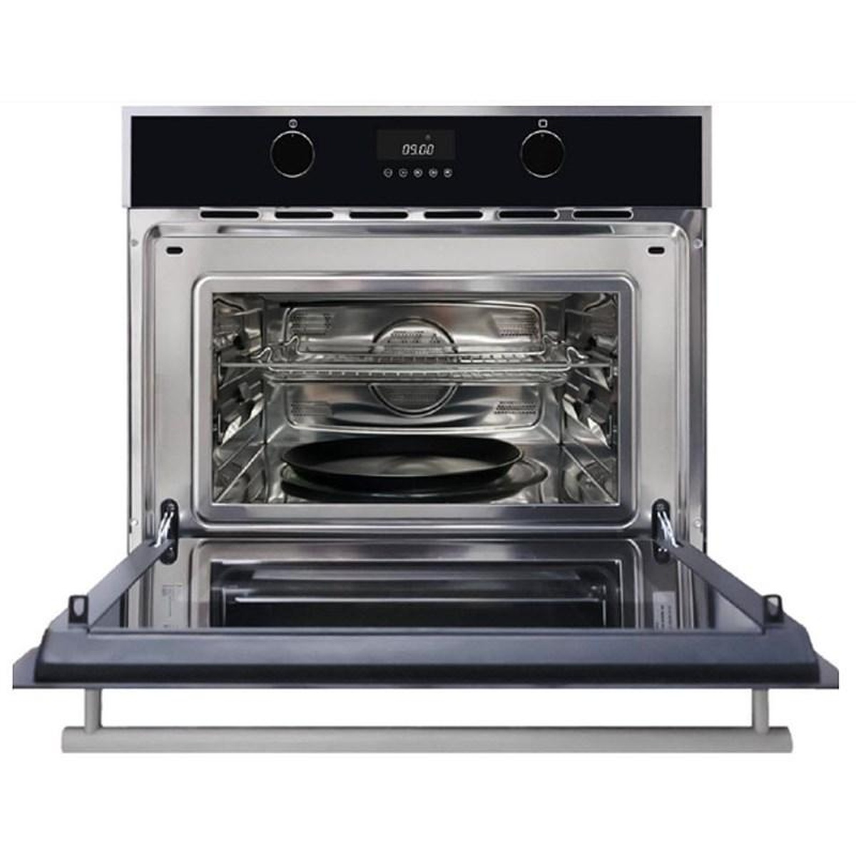 Interior view of the Porter & Charles SPPS60TM-1 with door open, showing stainless steel cavity, drop-down door, wire rack, and turntable plate inside