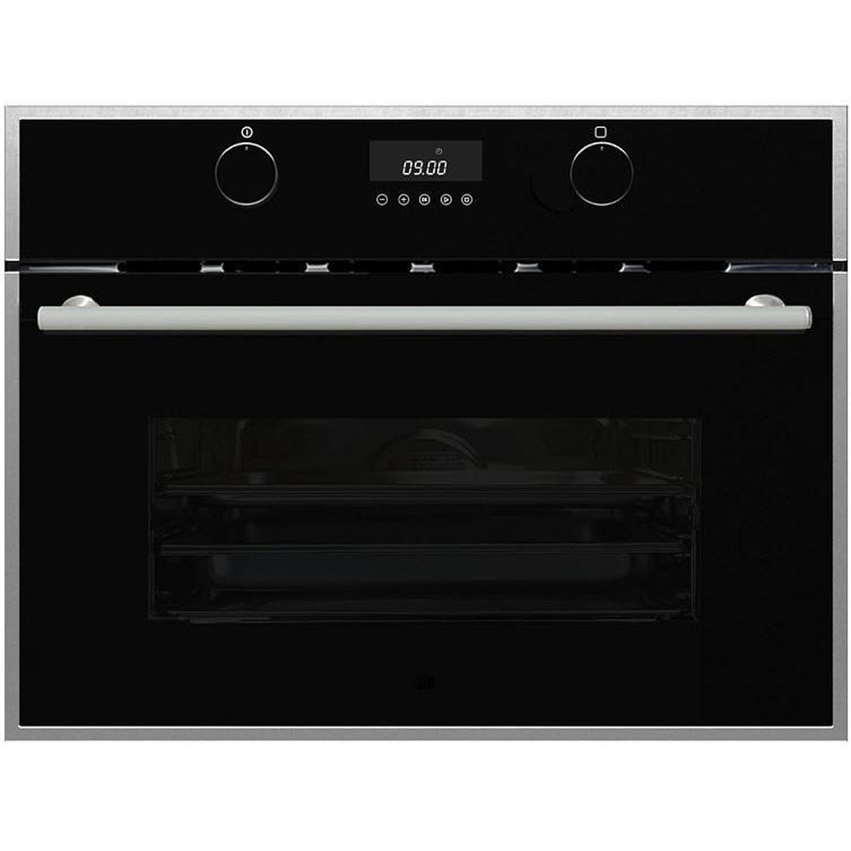 Front view of the Porter & Charles MWPS60TM-1 built-in microwave with black glass door, dual control knobs, and digital display