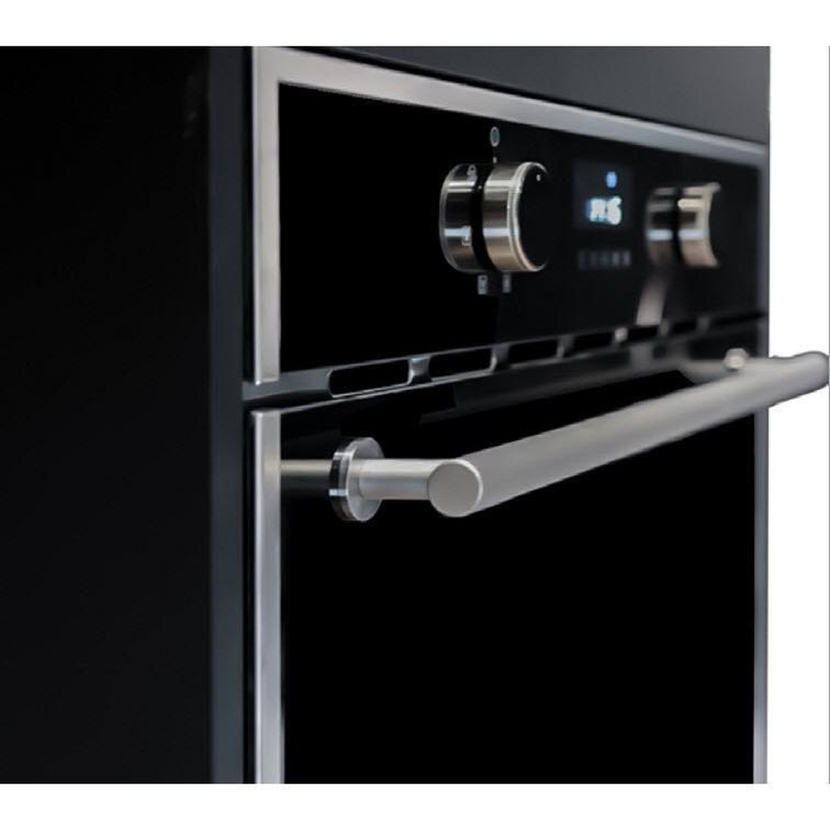 Close-up of the Porter & Charles microwave control panel showing dual metallic dial knobs and digital display against a black glass fascia