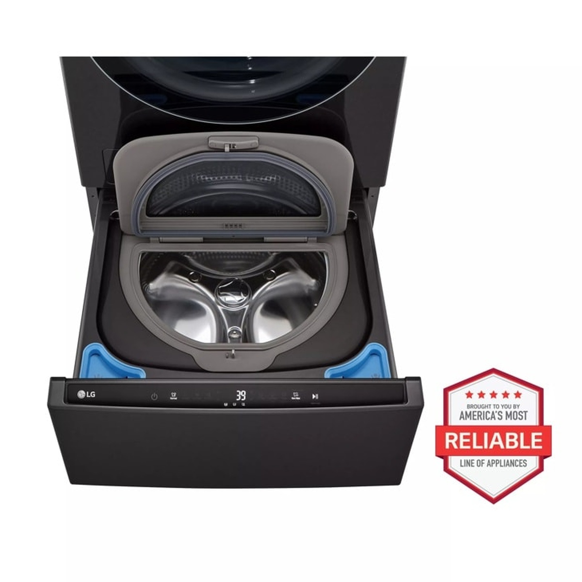 LG WD300CB SideKick pedestal washer with drawer open from above, revealing the stainless steel drum interior and dispenser compartments, with America's Most Reliable badge visible