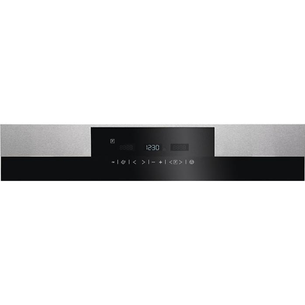Close-up of the AEG MCC4538E-SBG touch control panel with digital clock display and stainless steel fascia