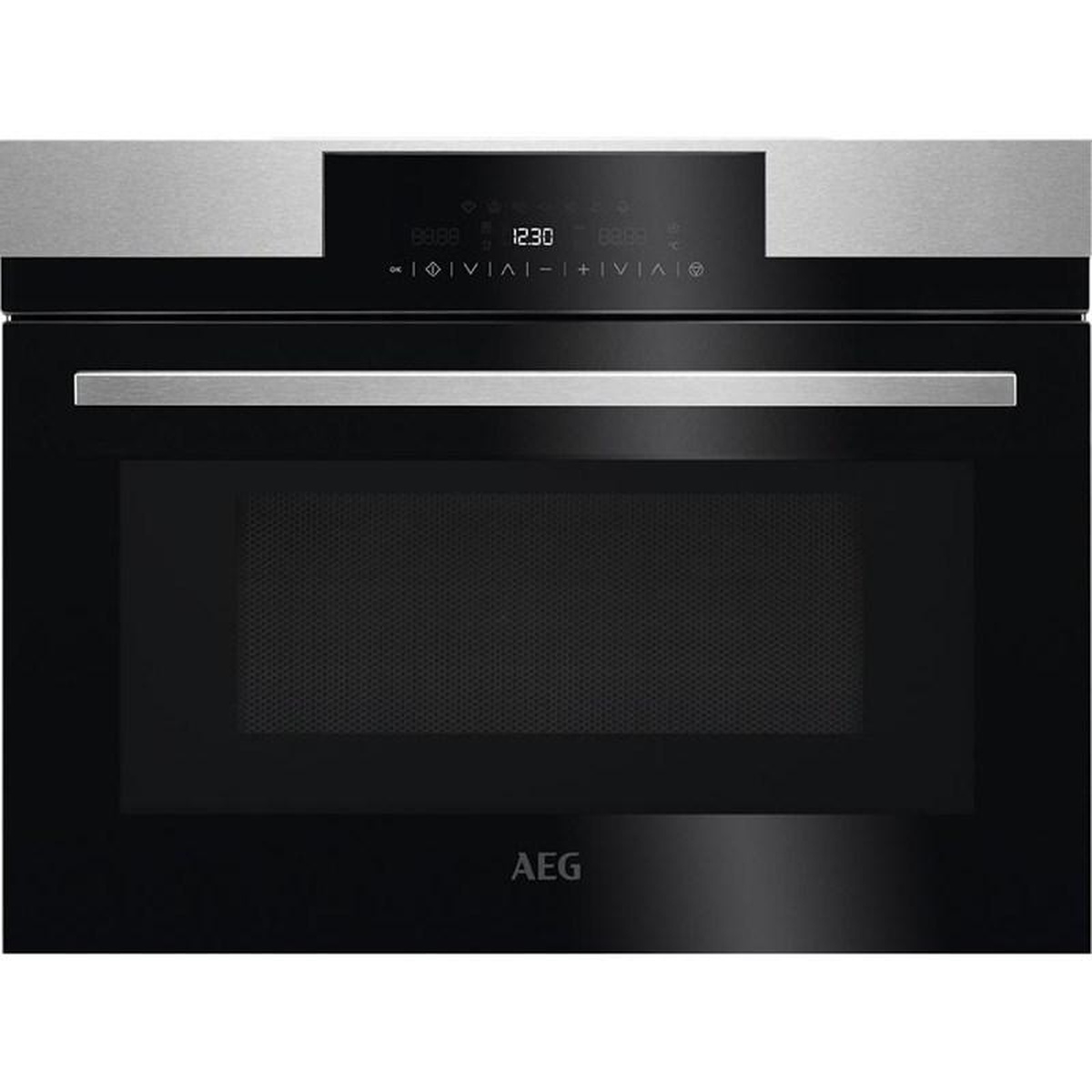 AEG MCC4538E-SBG built-in speed oven front view showing black glass door, stainless steel handle, and touch control panel with digital display