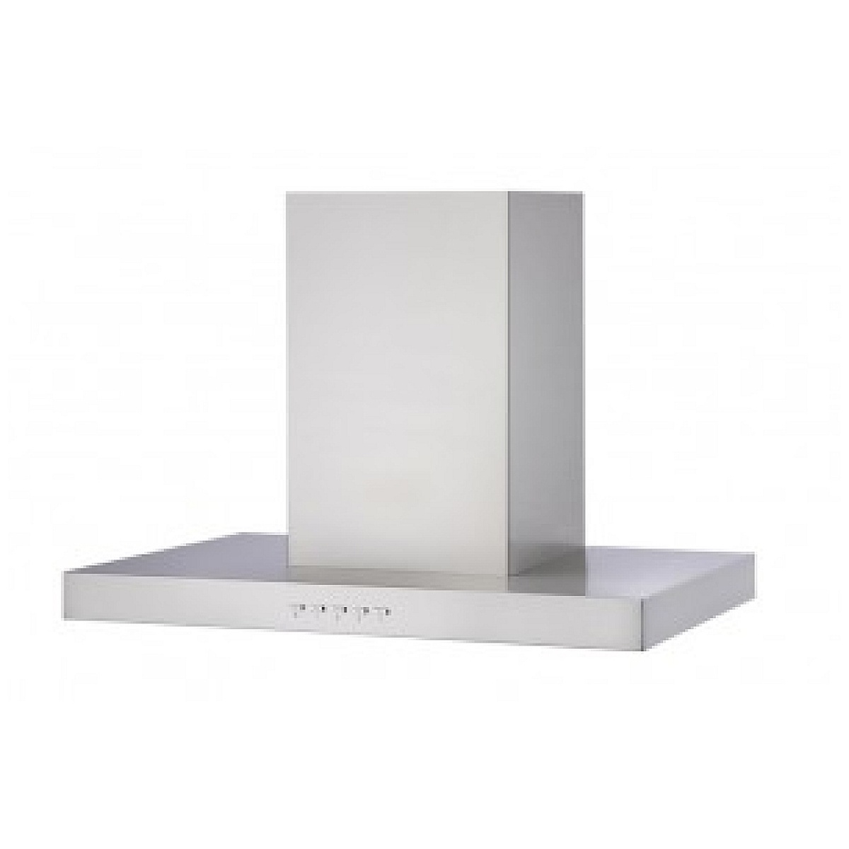 Stainless steel T-shaped wall-mount range hood with a wide canopy and front push-button control strip
