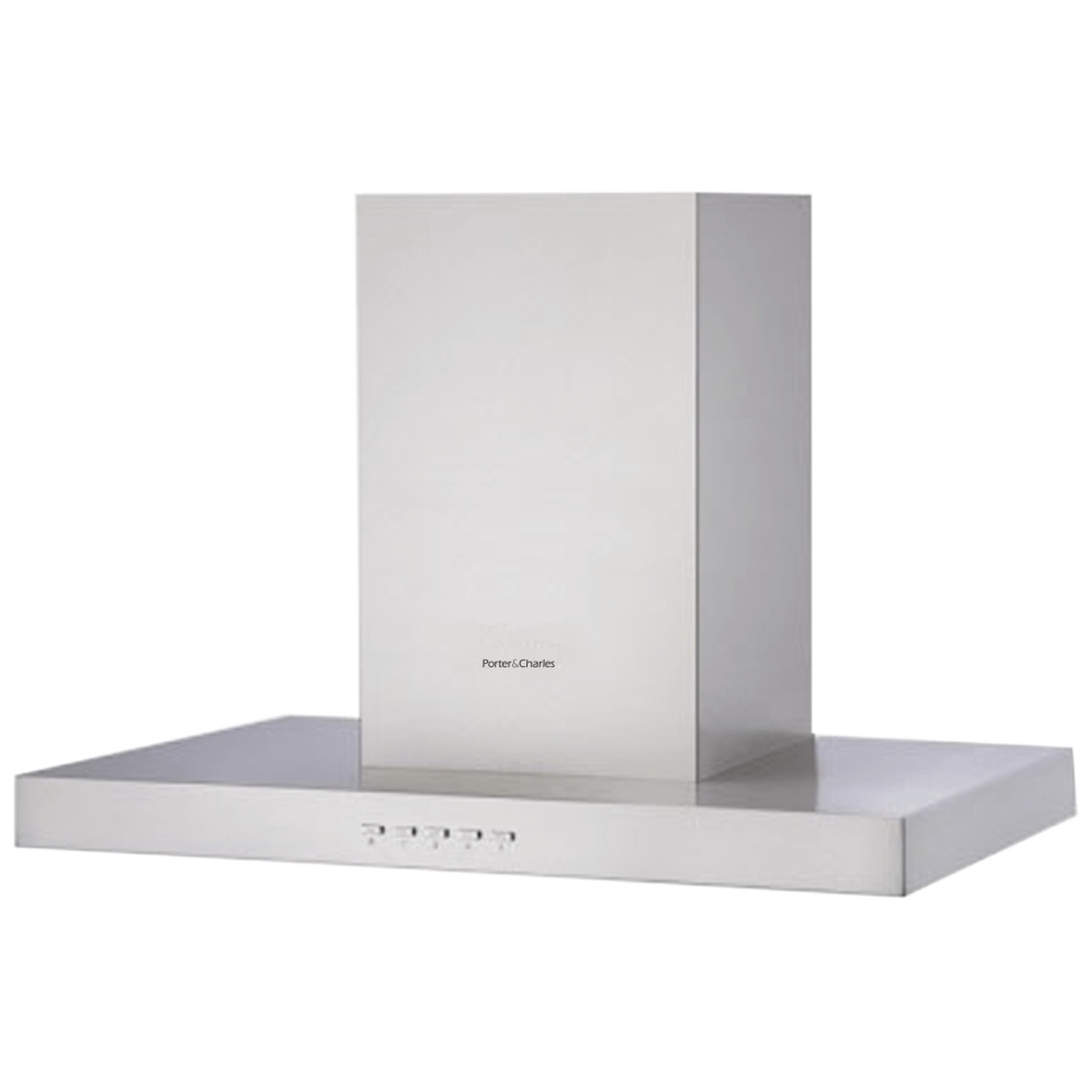 Front view of a stainless steel wall-mount range hood showing the Porter & Charles logo on the chimney and a push-button control row