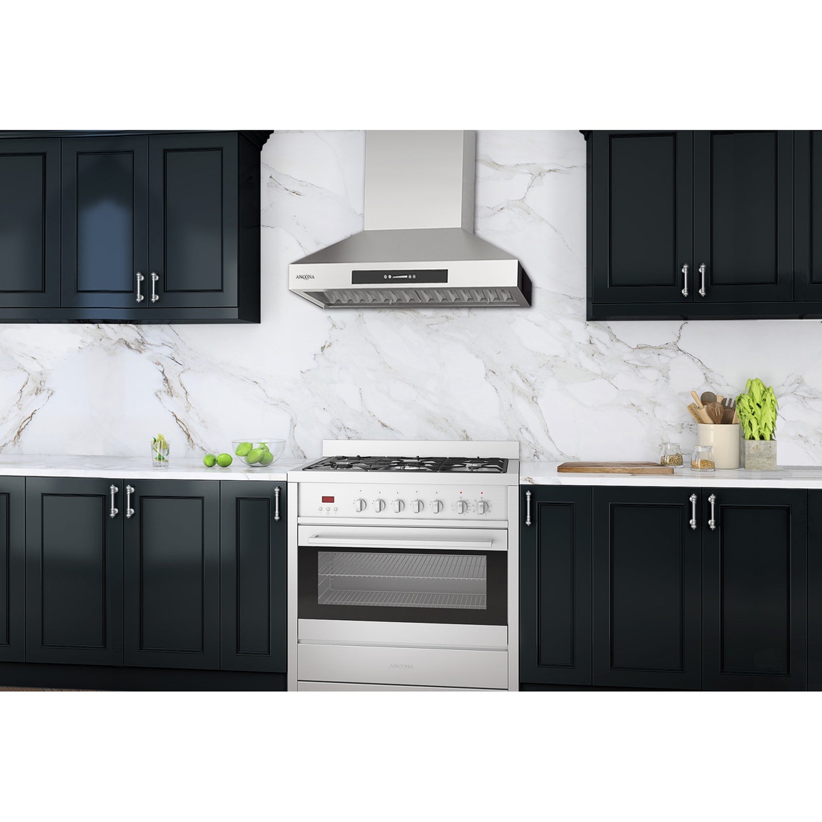 Ancona stainless steel pyramid wall-mounted range hood installed in a modern kitchen above a range