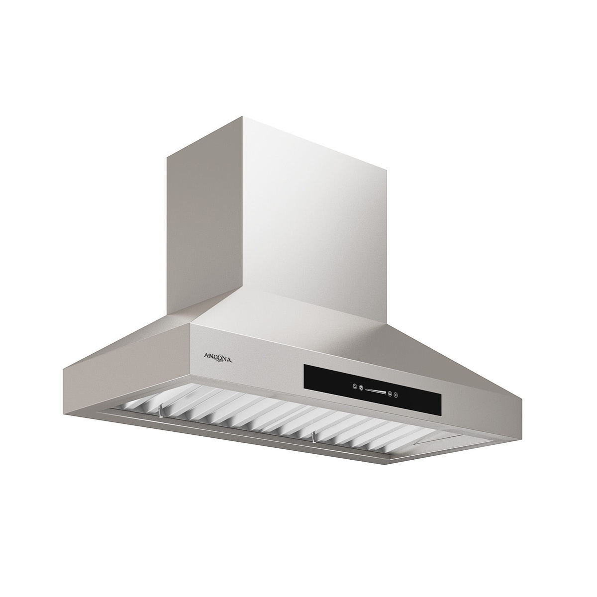 Ancona Pro Series Pyramid 36-inch wall-mounted stainless steel range hood showing the baffle filters and front touch control panel