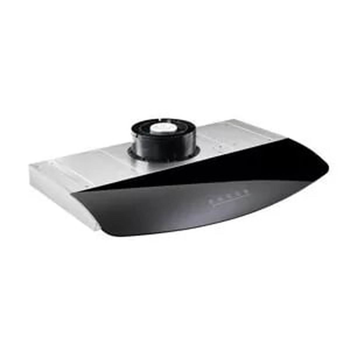 AEG PERFEKT VISOR-24 under-cabinet range hood showing the curved black glass front panel, stainless steel body, and top-mounted round duct collar