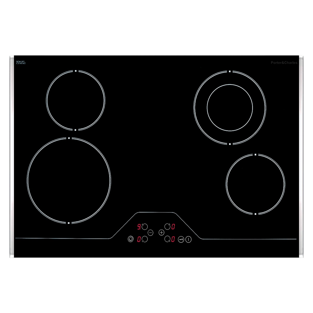 Porter&Charles black ceramic glass electric cooktop with four circular cooking zones and a central touch-control panel