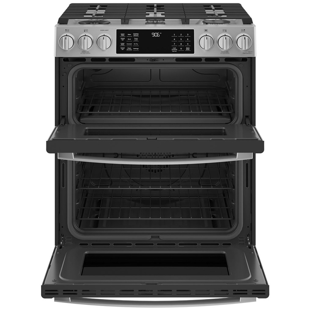GE Profile slide-in gas range with both upper and lower oven doors open showing two separate oven cavities and racks