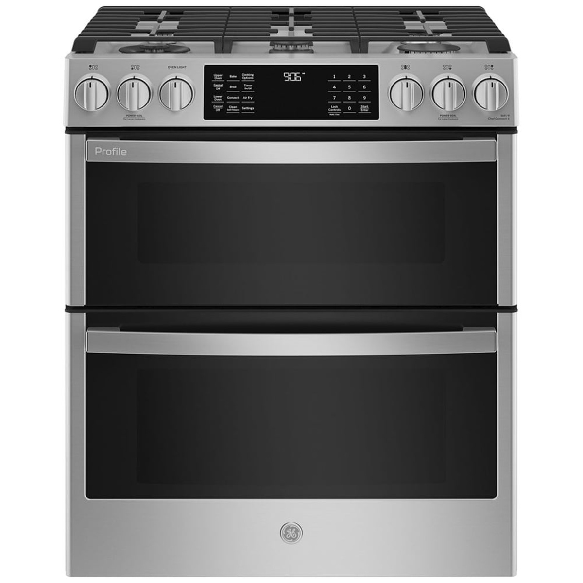 Front view of GE Profile PCGS960YPFS slide-in gas range in fingerprint resistant stainless steel with knob controls and touch panel