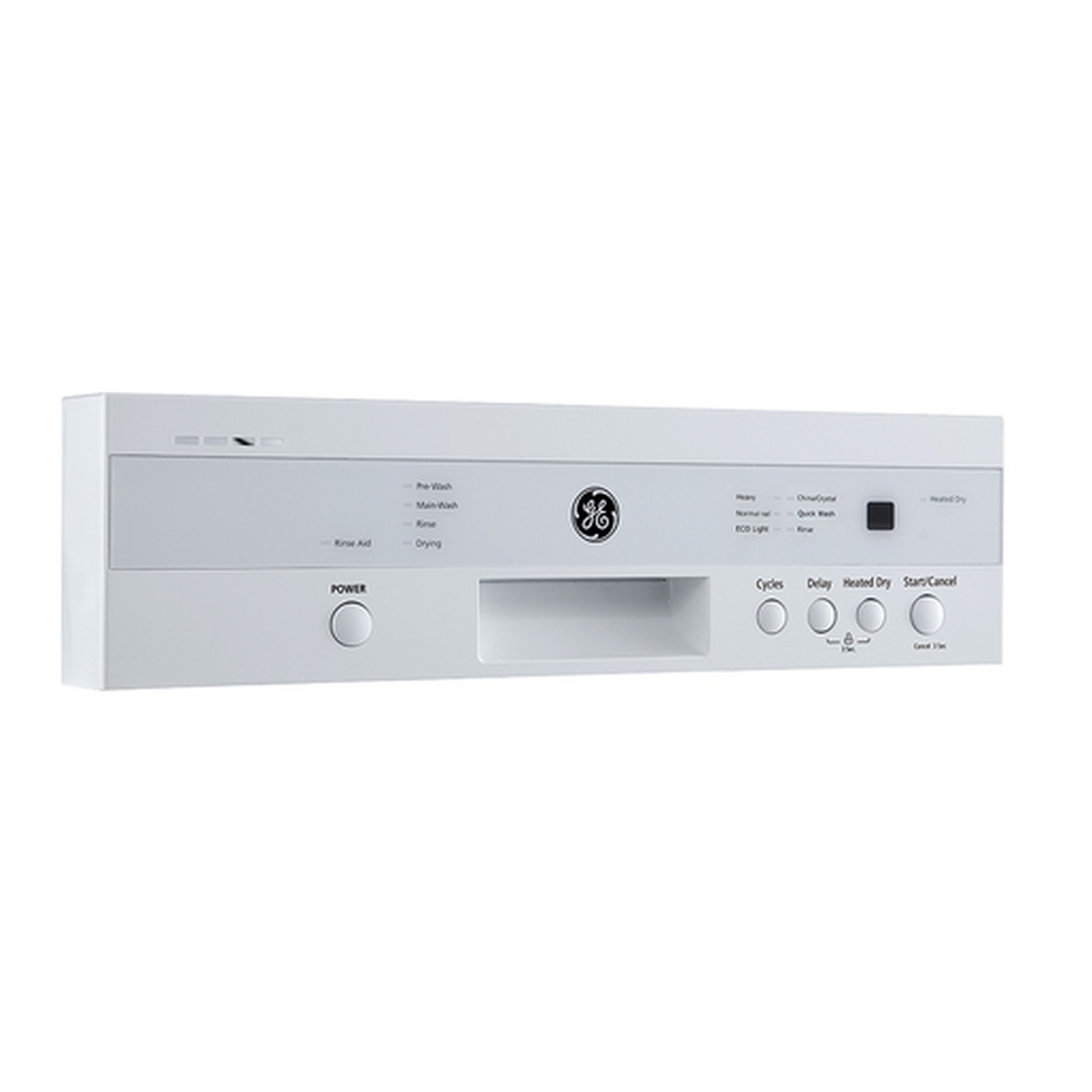 GE GBF180SGMWW front control panel showing Power, Cycles, Delay, Heated Dry, and Start/Cancel buttons with LED indicator