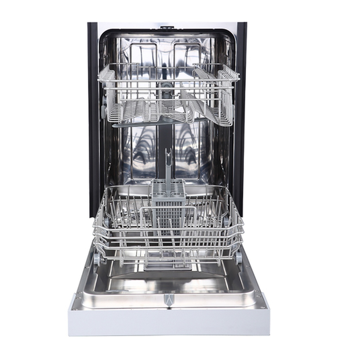 GE GBF180SGMWW 18-inch dishwasher open door showing upper and lower stainless steel racks with stem-safe holders