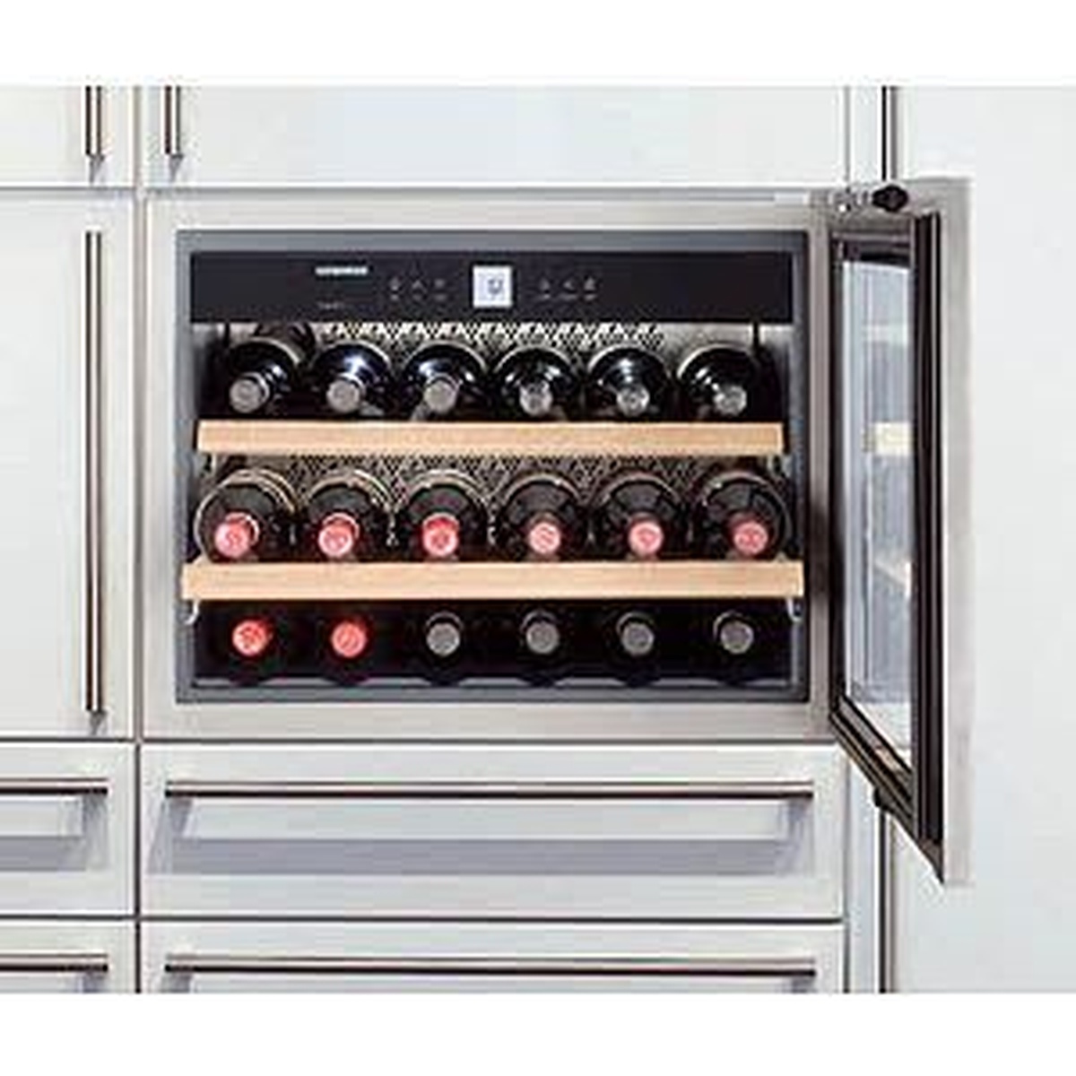 Liebherr HWS1800 built-in wine cabinet with door open showing three wooden grid shelves holding wine bottles and digital display at the top