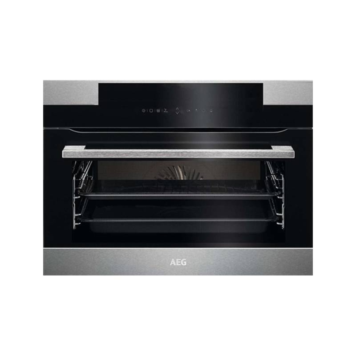 AEG MCC4538E II 24-inch built-in speed oven shown from the front, featuring a stainless steel frame, black glass door, touch controls along the top panel, a stainless steel handle, and two interior wire racks with a visible grill element