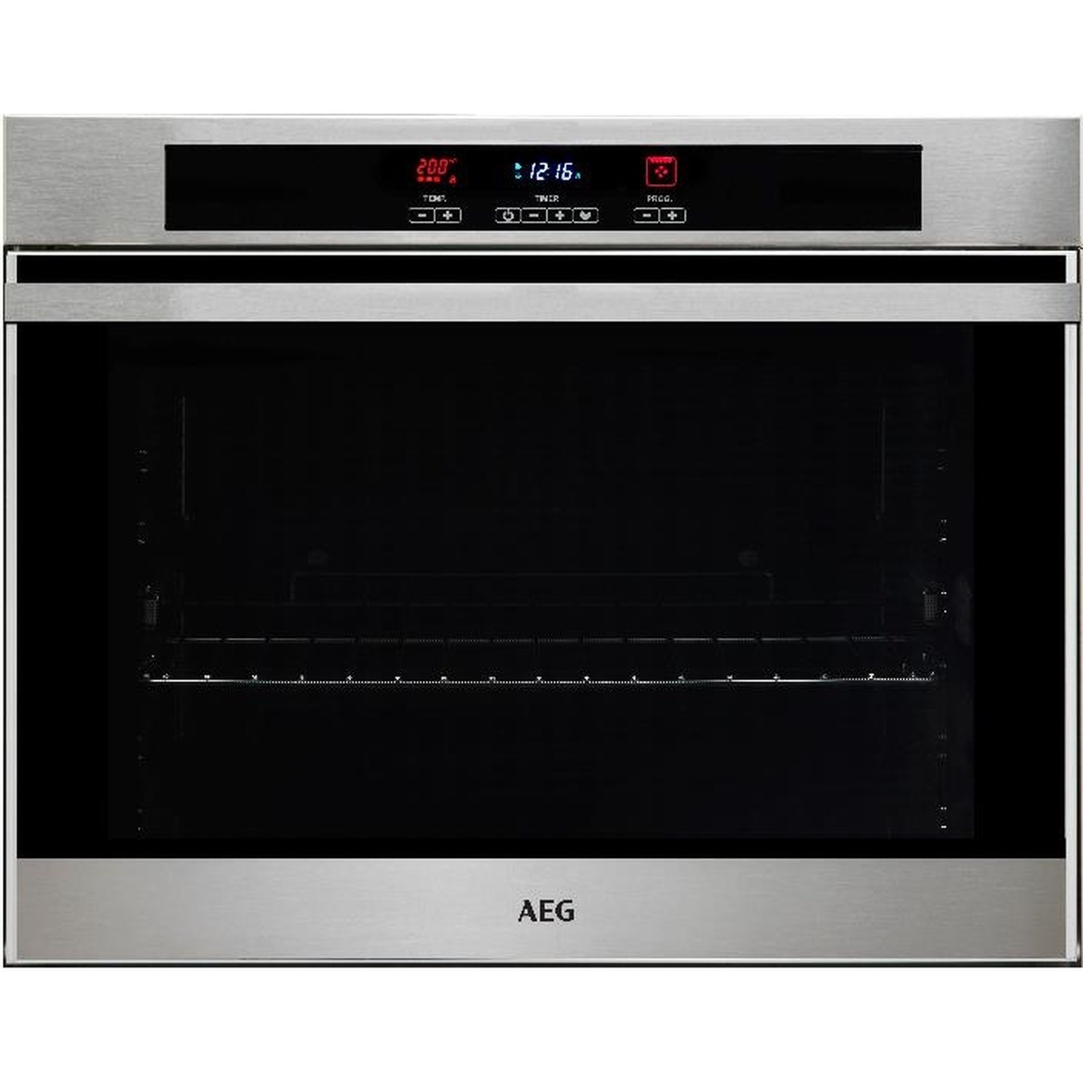 AEG B3007BLG 30-inch single wall oven in stainless steel, showing digital LED control panel with temperature and timer displays and a large glass oven door