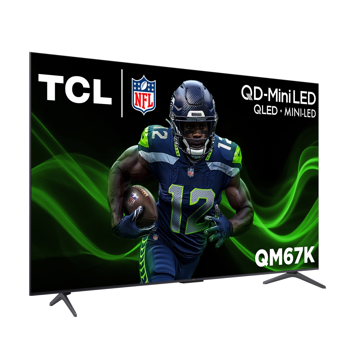 Angled view of the TCL QM67K television highlighting the large screen and slim bezel design