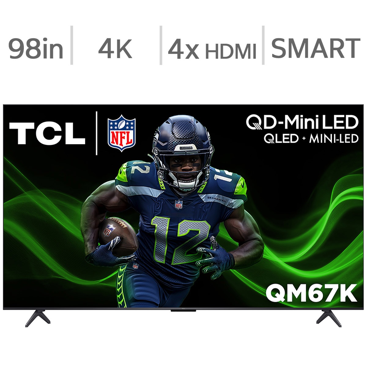 Front view of TCL QM67K TV showing 98in, 4K, 4x HDMI, Smart, and QD-Mini LED callouts on screen