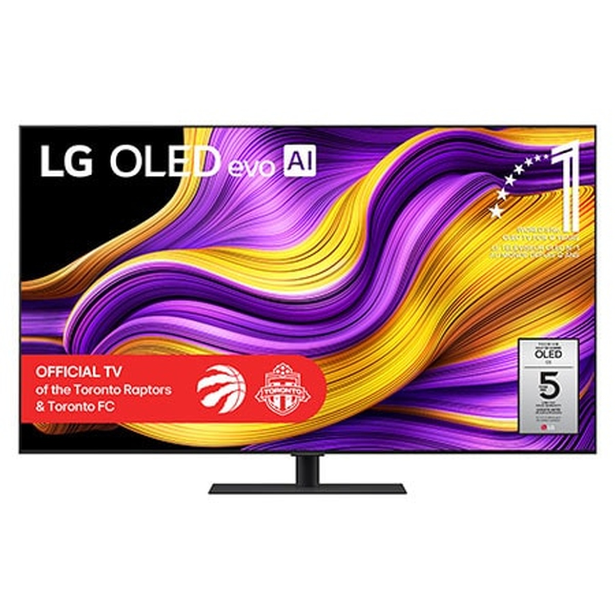 Front view of an LG OLED evo AI TV on a table stand with colorful on-screen artwork and an LG OLED badge