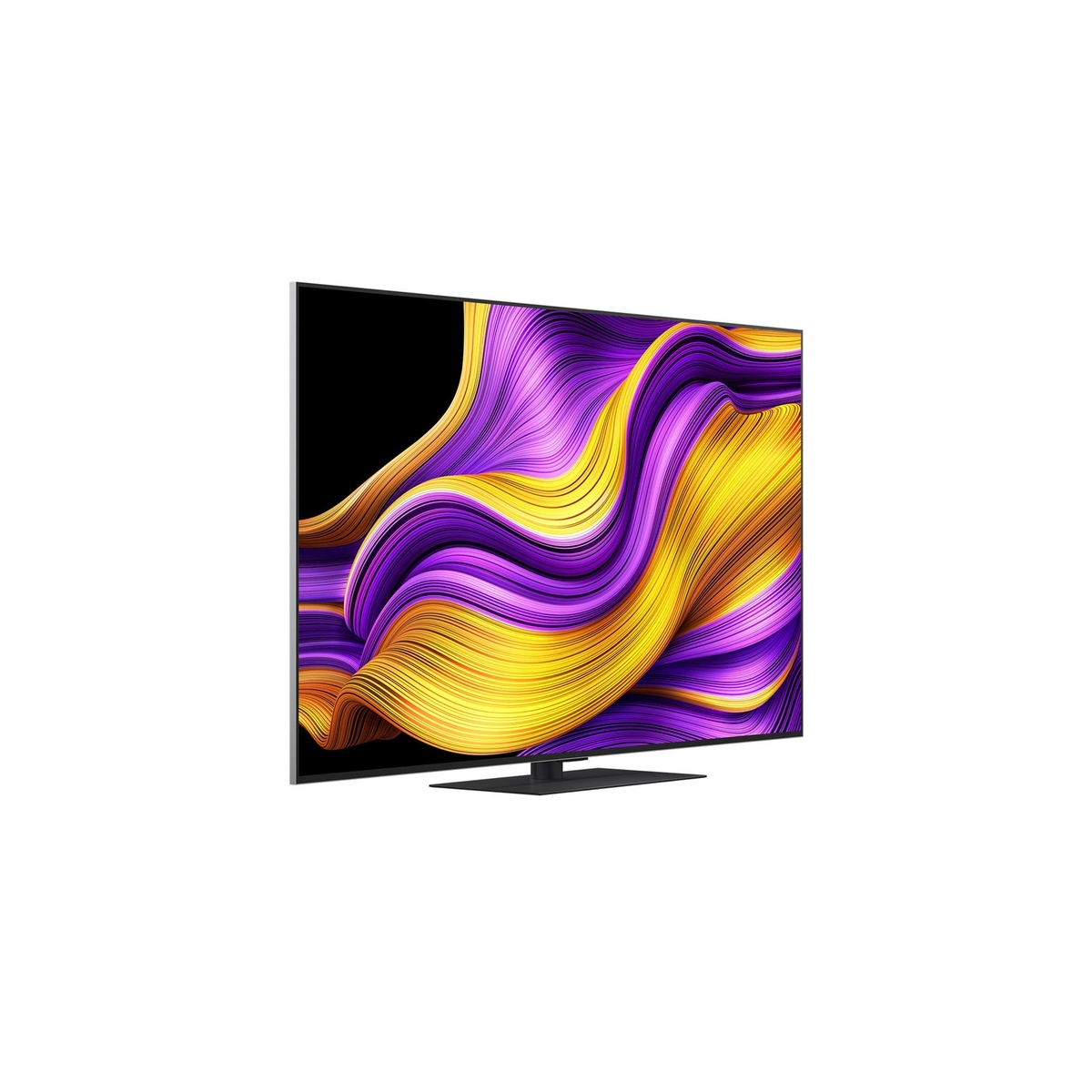 Angled view of an LG OLED TV showing a thin profile and a center table stand